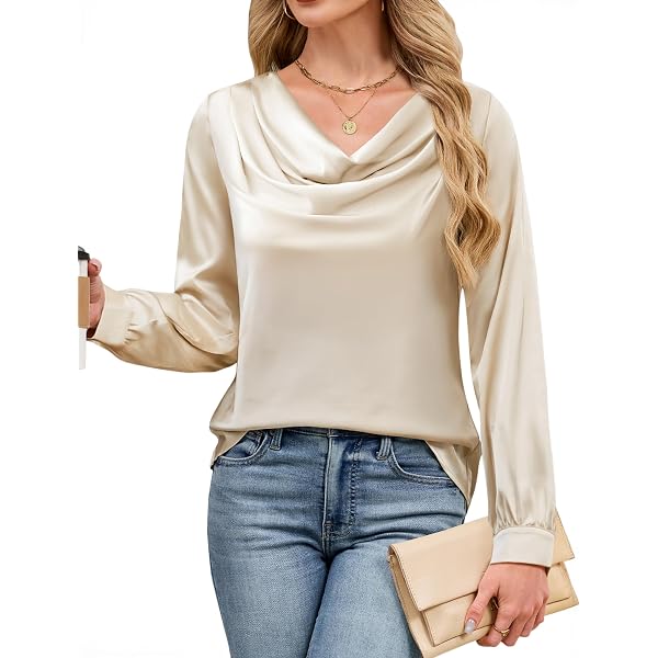 Famulily Womens Long Lantern Sleeve Cowl Neck Blouses Button Down